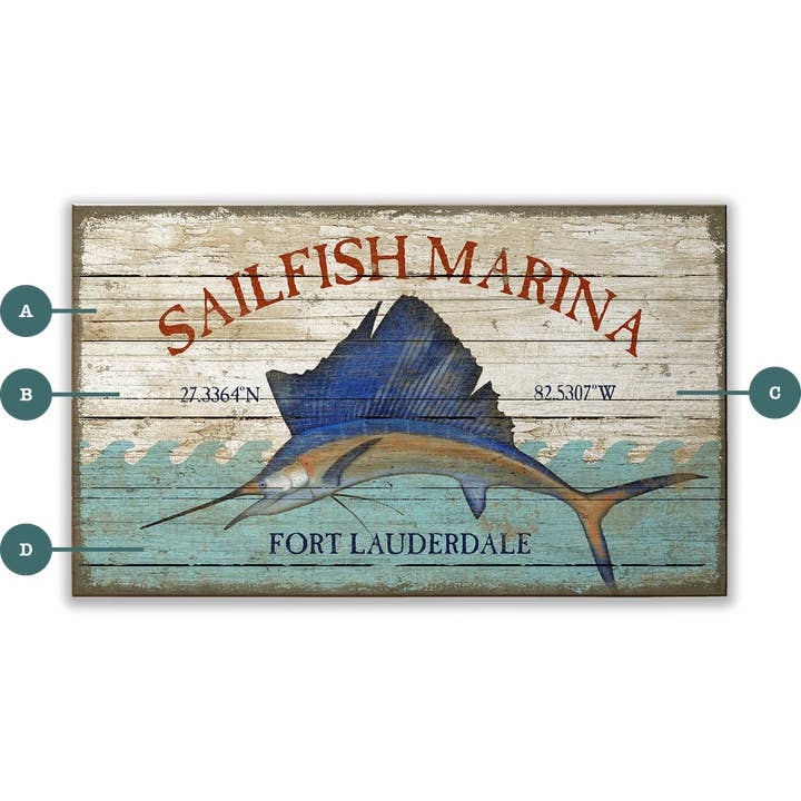 Sailfish Marina - Arte da Parete in Legno e Metallo per la vendita all'ingrosso da parte di Old Wood Signs