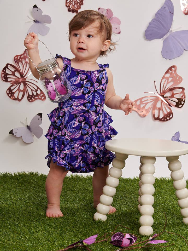 Iridescent Indigo Ruffle Strap Bubble Romper for wholesale by Elebaby