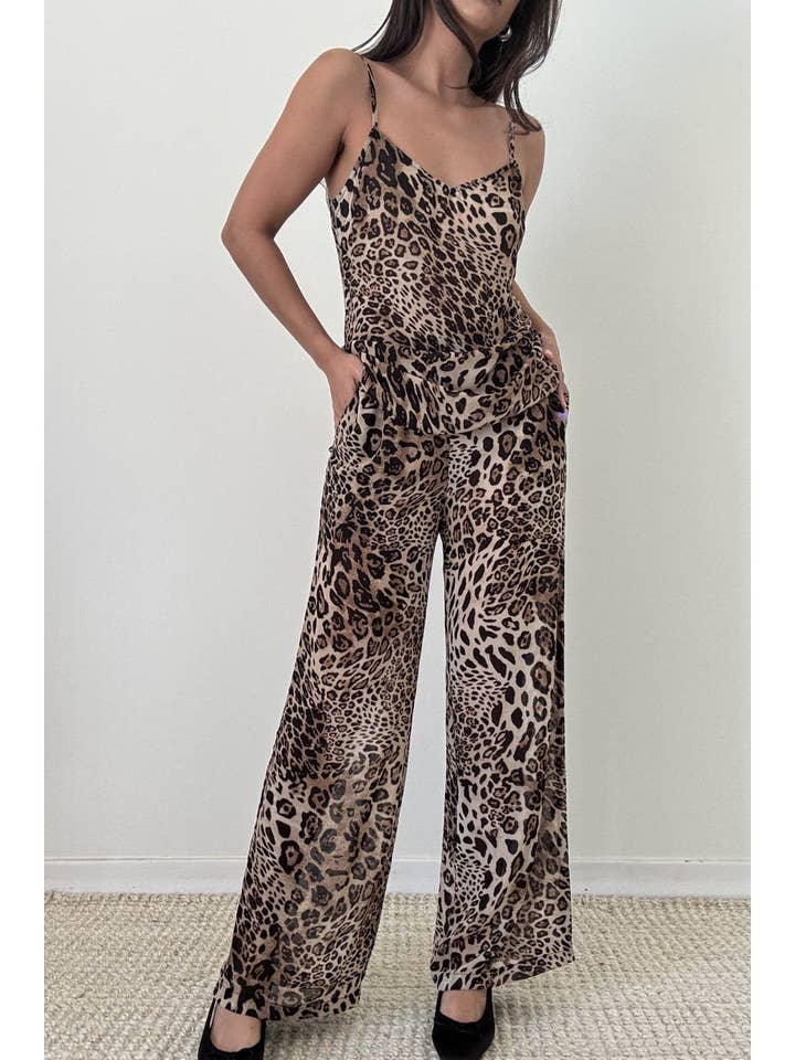 2 Piece Leopard Chiffon V Neck Top Pant Sets for wholesale by Et Clet