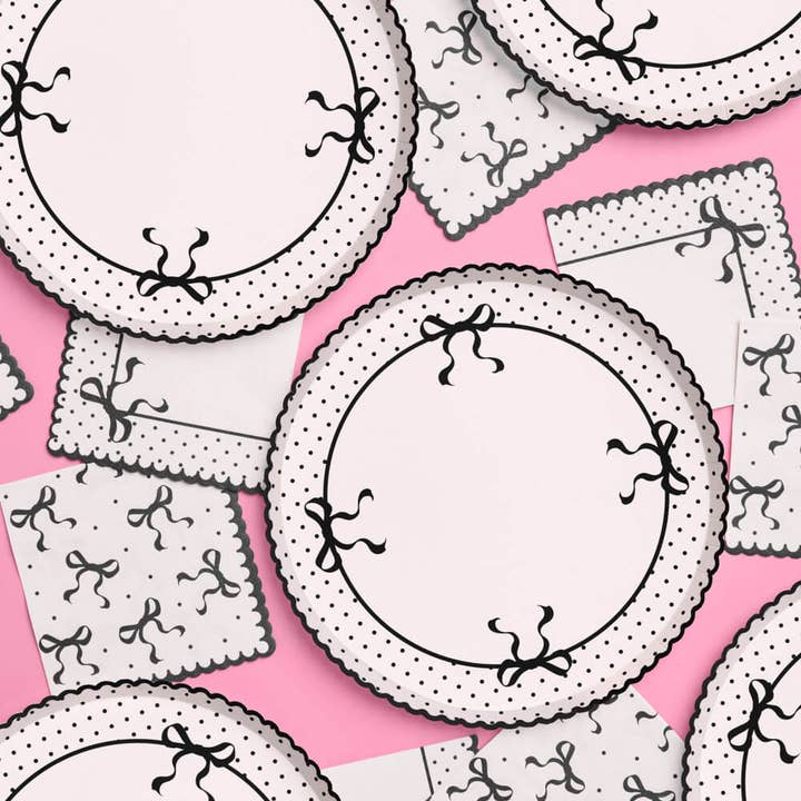 xo, Fetti - Vente Assiette jetable - Assiettes en papier nœud noir | 25 unités, douche nuptiale, fête de célibataire3