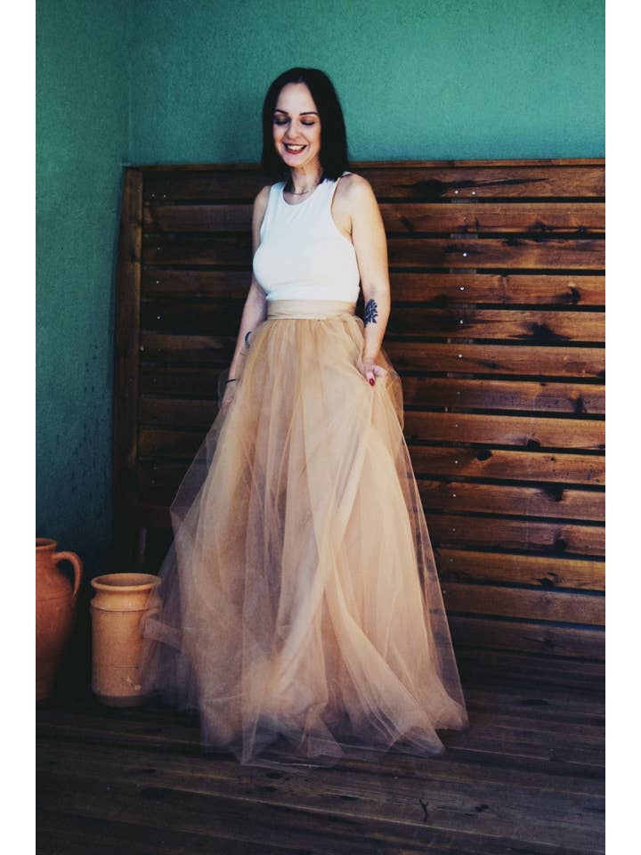 Modayladans – Großhandel Rock – Damen – Langer beiger Tüllrock | Hochzeitsbrautjungfer beiger Tüll2