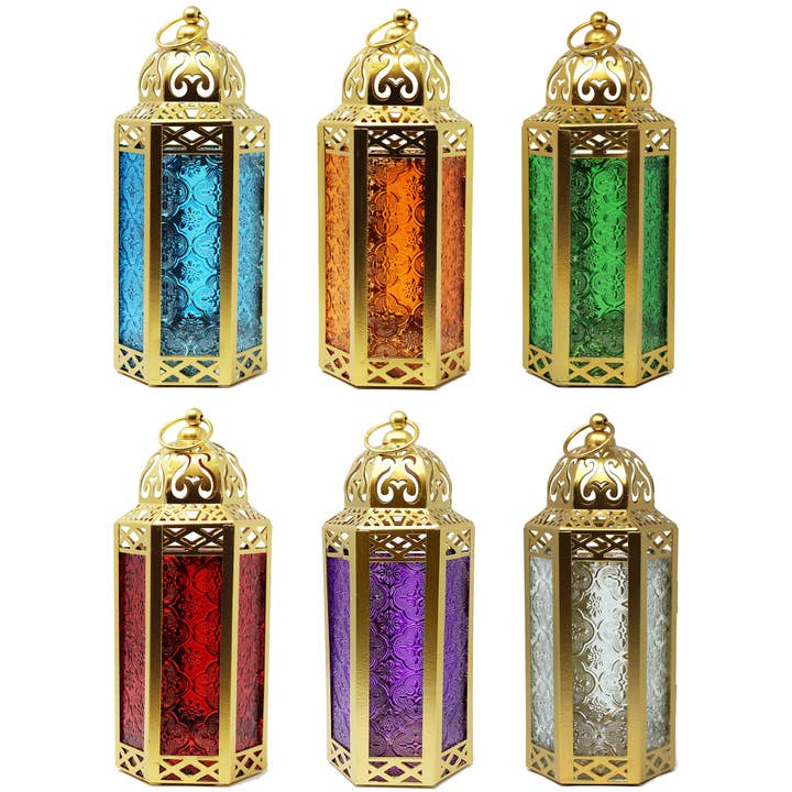 6pk Assorted Colors Gold Moroccan Candle Lanterns, Medium for wholesale by WholesaleMart