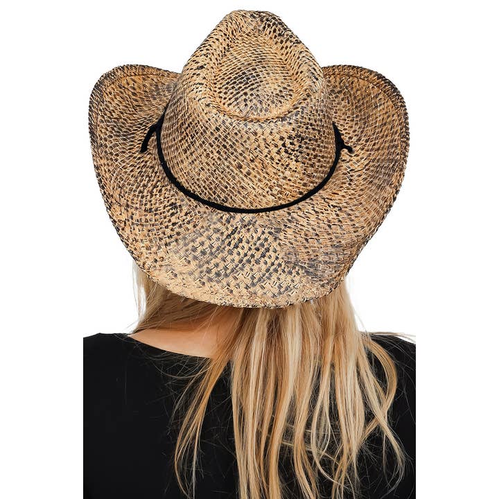 Black Longhorn Emblem Vintage Burnt Natural Straw Cowboy Hat for wholesale on Faire2