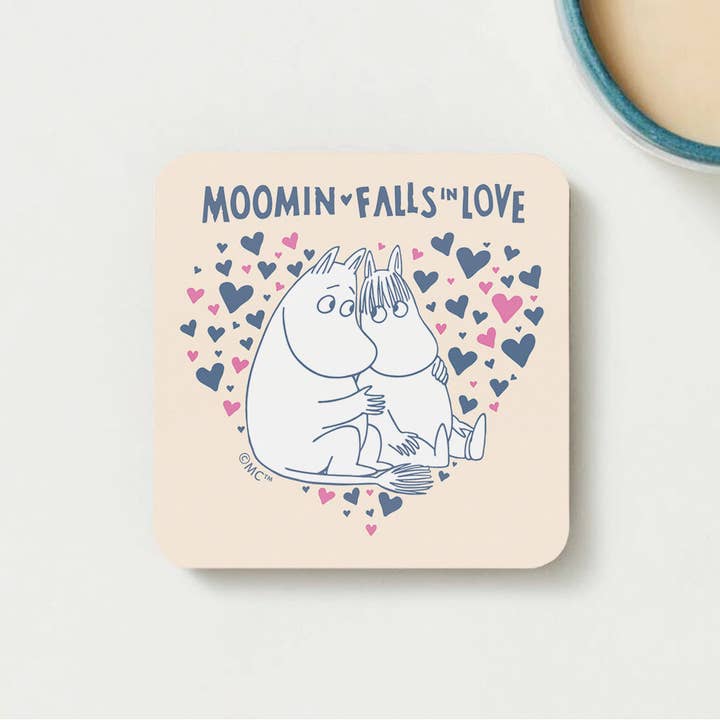 Moomin US Official – wholesale Coasters – Moomin Falls In Love Blue Pink Hearts Moomintroll Snorkmaiden Wooden Single Coaster2