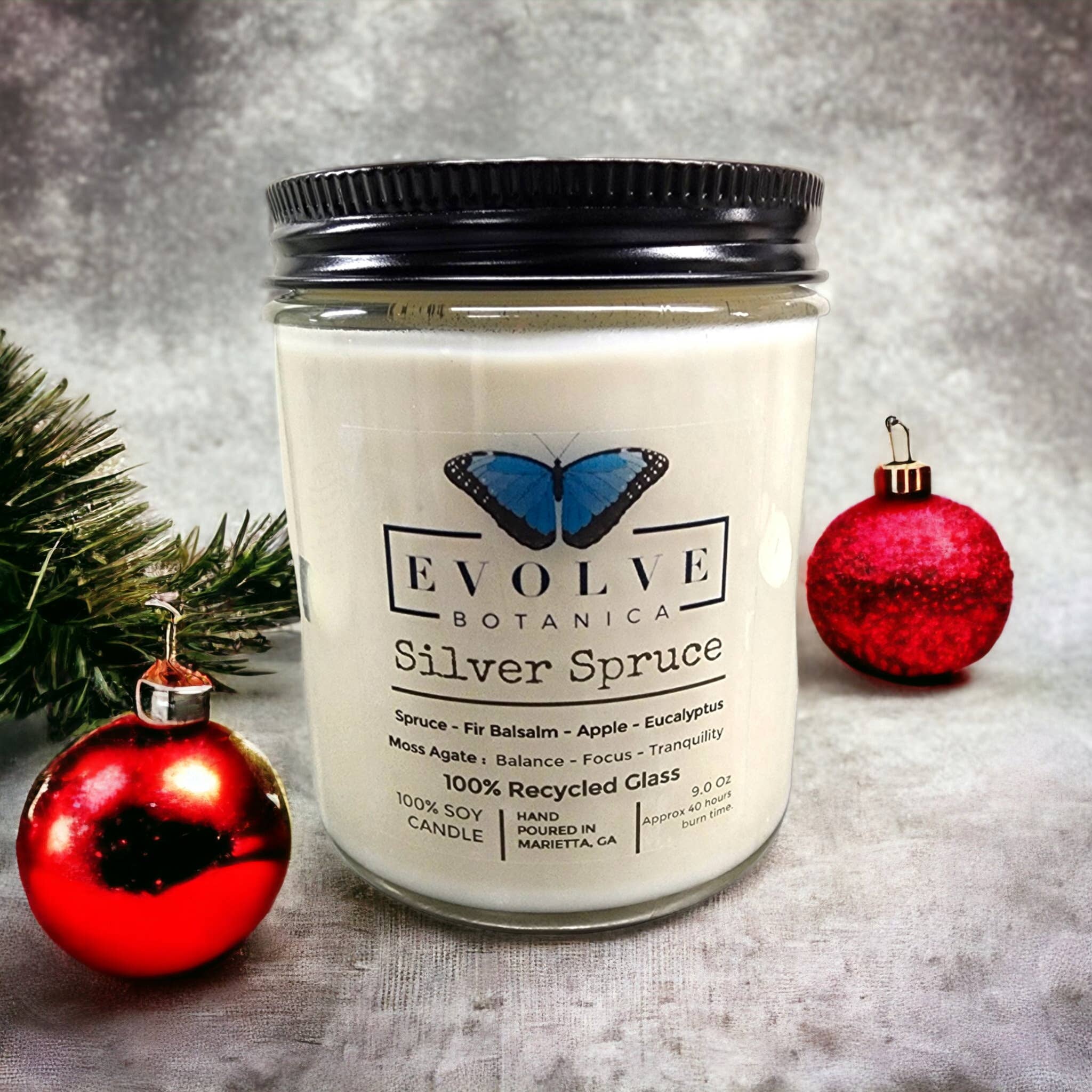 Evolve Botanica - Wholesale Jar/Filled Candle - Wood Wick Crystal Soy Candle Jar - Silver Spruce Moss Agate4