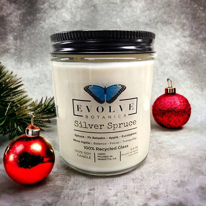 Evolve Botanica - Wholesale Jar/Filled Candle - Wood Wick Crystal Soy Candle Jar - Silver Spruce Moss Agate4