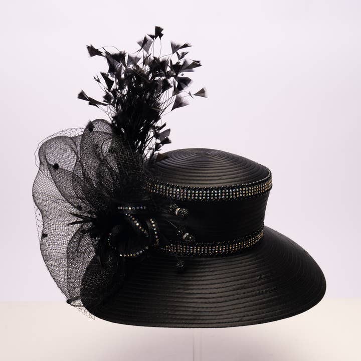 KaKyCo - Wholesale Fascinator Hat - Women's - AJ824Y | CRIN Mesh Feather Bow and Crystal Ball on Satin HAT