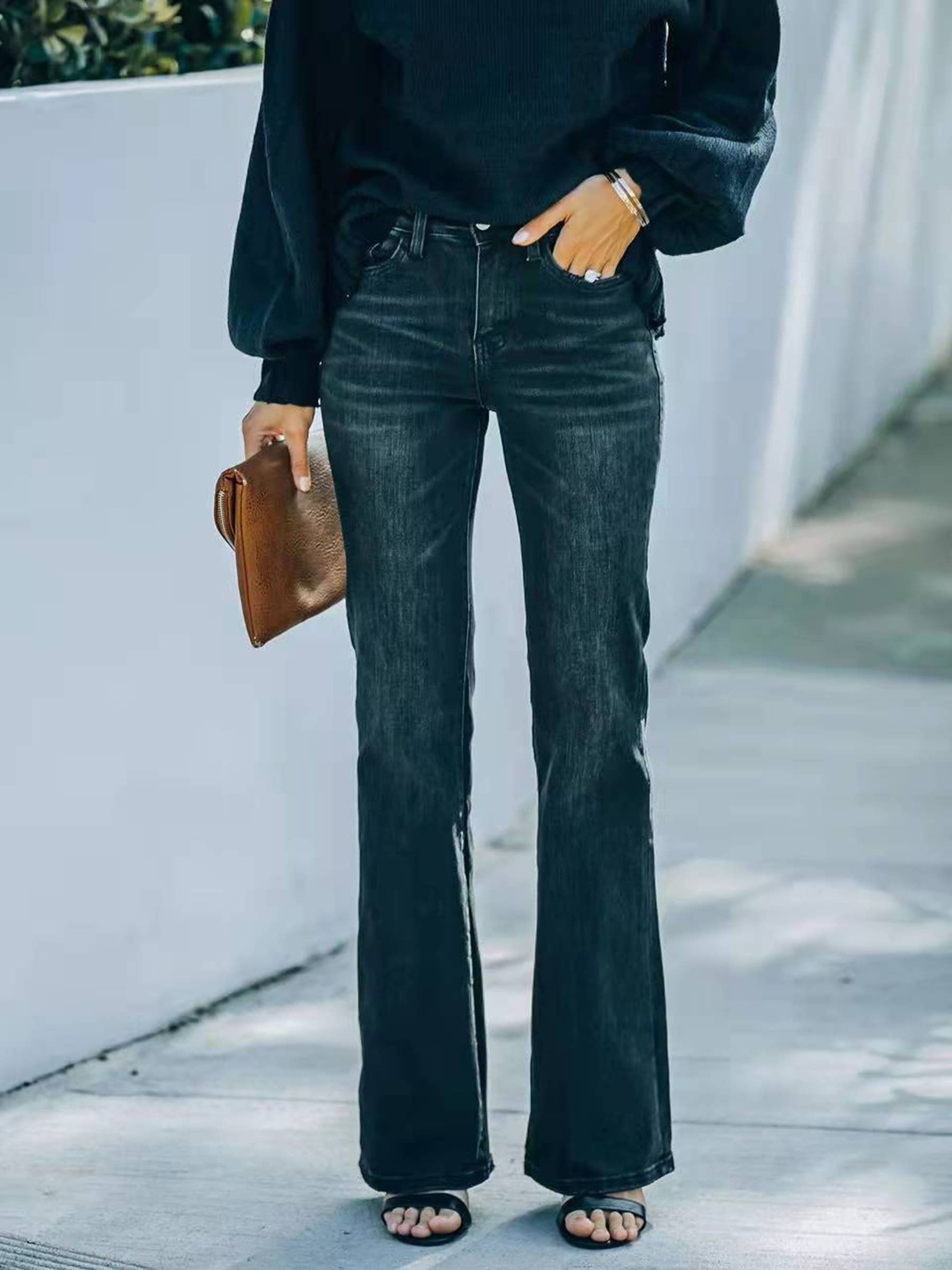 Black Fashion Slim Fit High Waist Elastic Flare Pants Jeans for wholesale on Faire0