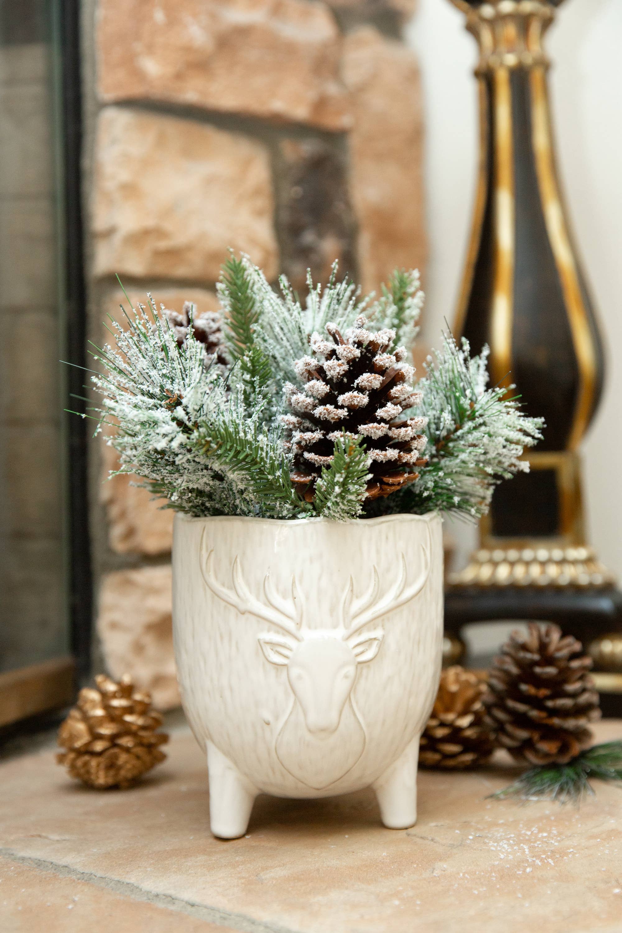 Flora Bunda Inc - Wholesale Ornament - Reindeer Winter Pine Arrangement in Ceramic Footed Pot5