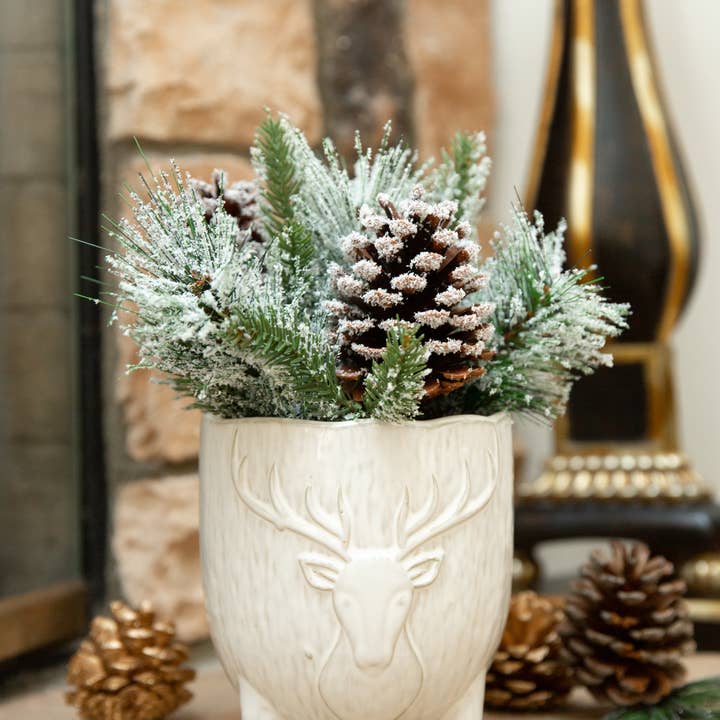 Flora Bunda Inc - Wholesale Ornament - Reindeer Winter Pine Arrangement in Ceramic Footed Pot5
