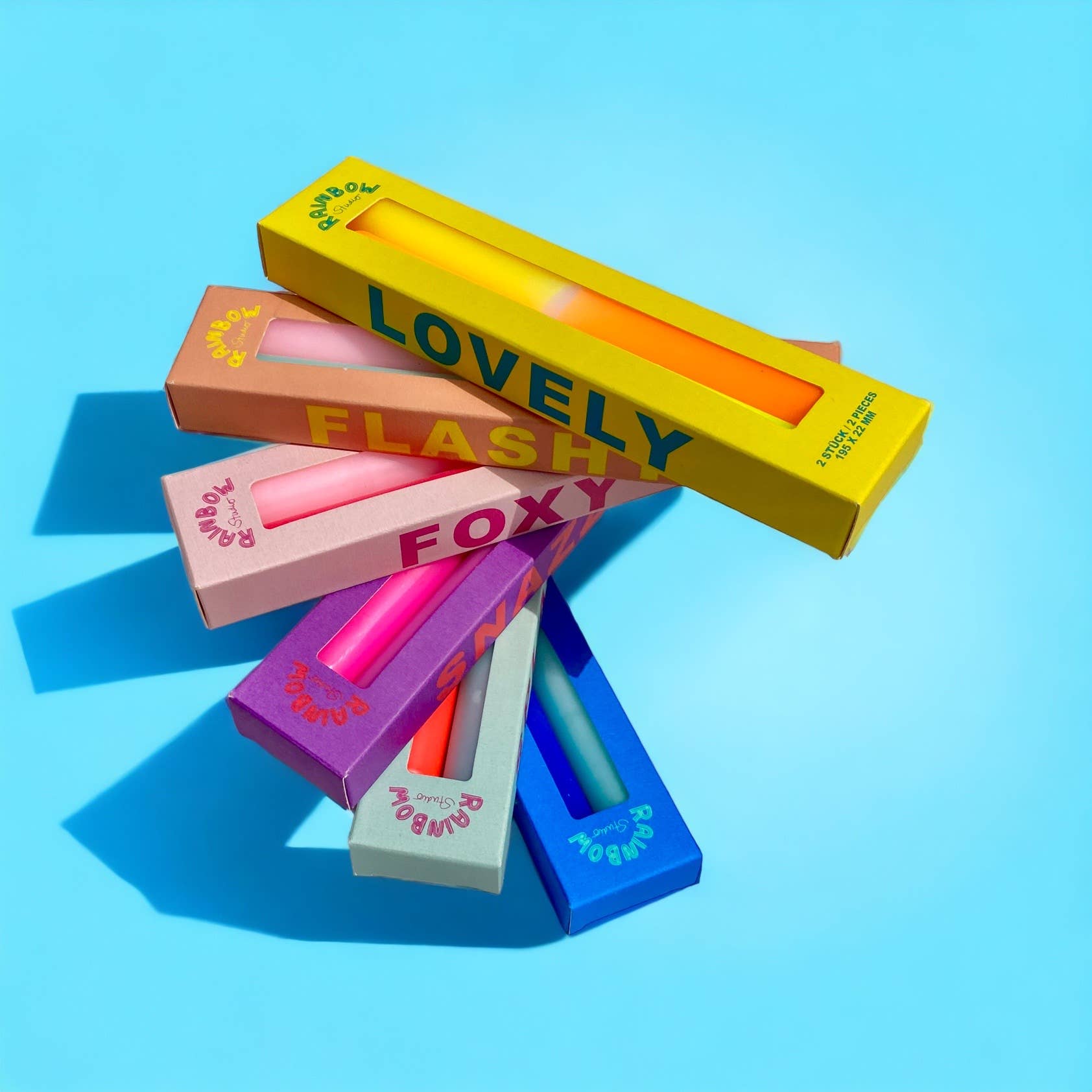 Pink Stories - Vente Bougies/bougeoirs coniques - Bougies néon Splashy Rainbow Studio, lot de 22