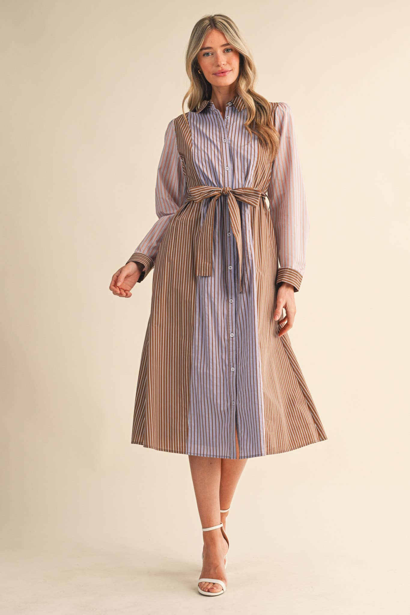 COCOA BLUE MULTI MIXED STRIPE BELTED BUTTON DOWN MIDI DRESS MDR4303 for wholesale on Faire3