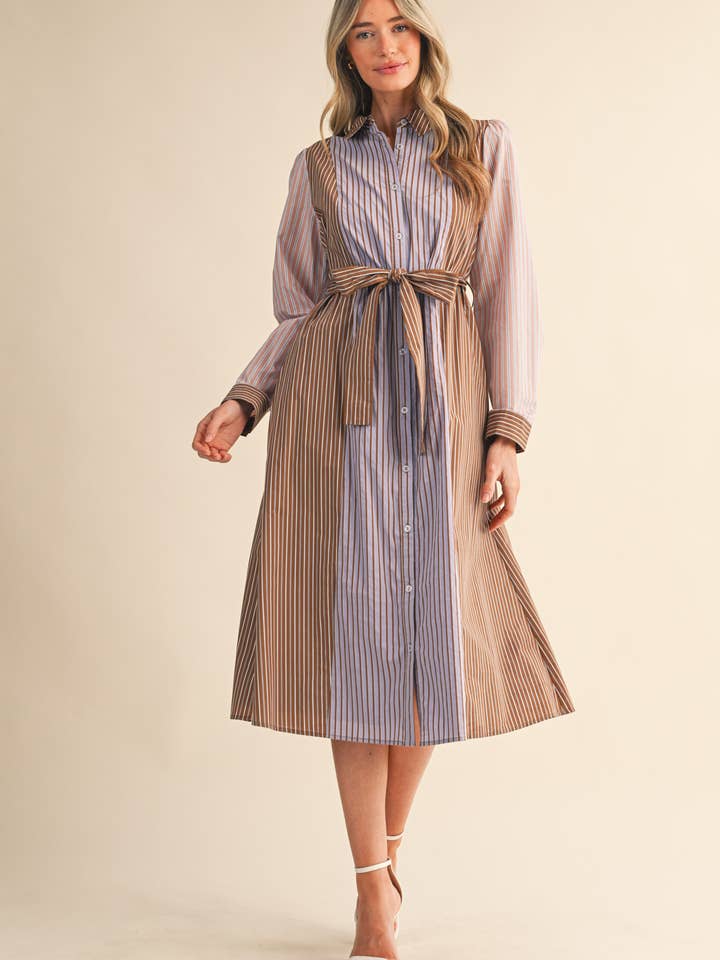 COCOA BLUE MULTI MIXED STRIPE BELTED BUTTON DOWN MIDI DRESS MDR4303 for wholesale on Faire3