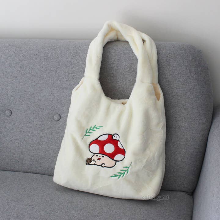 mushroom friends fluffy tote bag for wholesale by Cafe De Yume