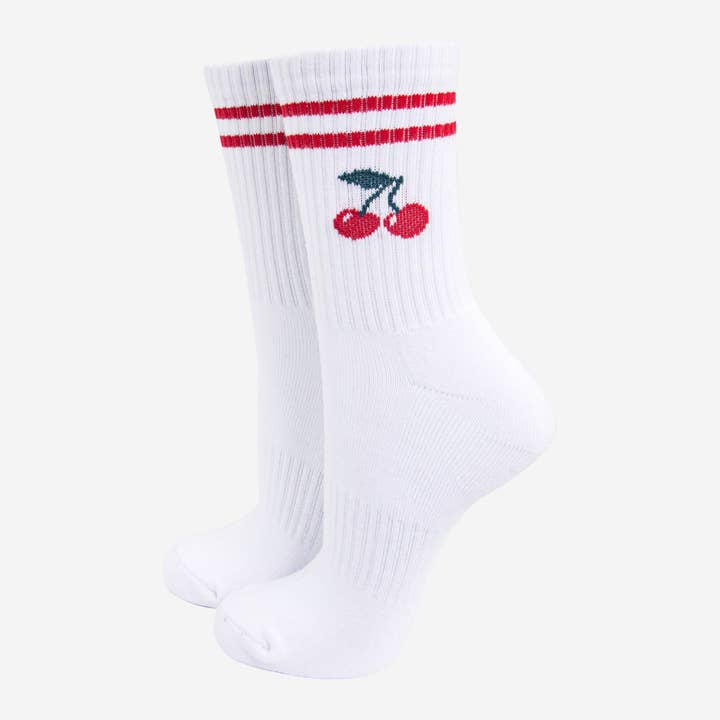 Women's Sporty Socks - White, Cherries for wholesale by Sock Talk