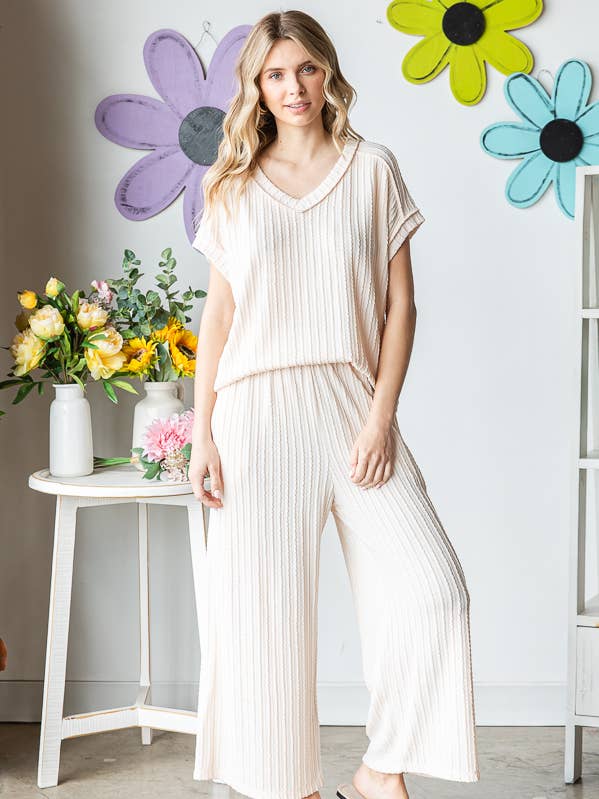 Geribbelde V-hals Top En Wijde Broek Lounge Set TP5502 voor wholesale door 7th Ray