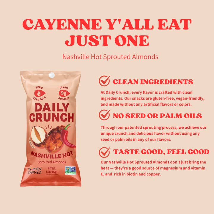 Daily Crunch - Wholesale Nuts - Nashville Hot Sprouted Almonds, 1.5oz Single Serve4