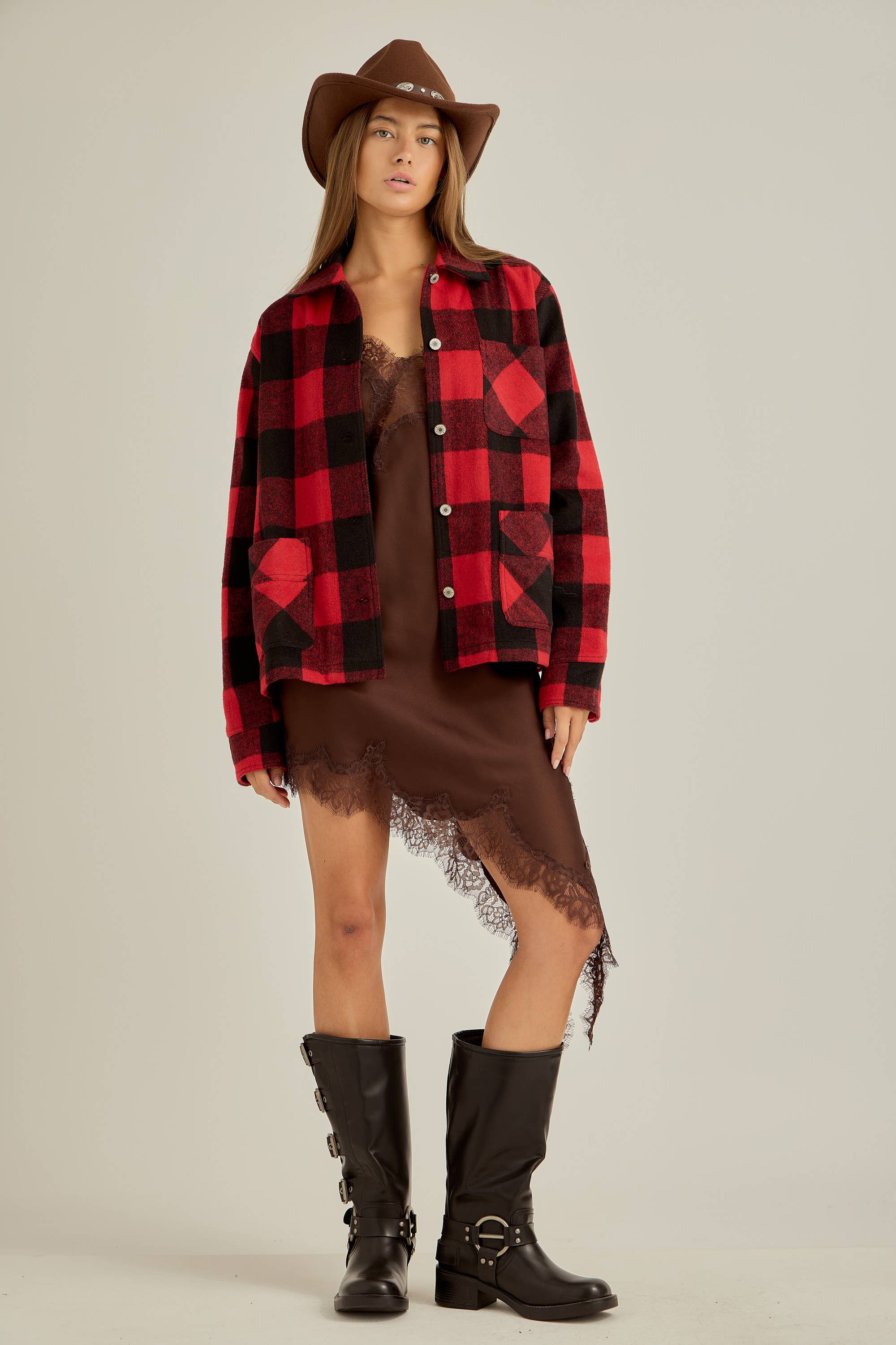 Red Black Winter flannel workwear jacket for wholesale on Faire7