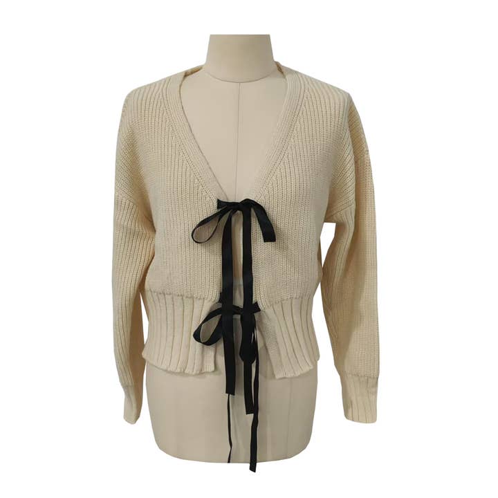 Rosa Clothing - Vente Cardigan – femme - Cardigan en tricot uni avec nœud papillon sur le devant7