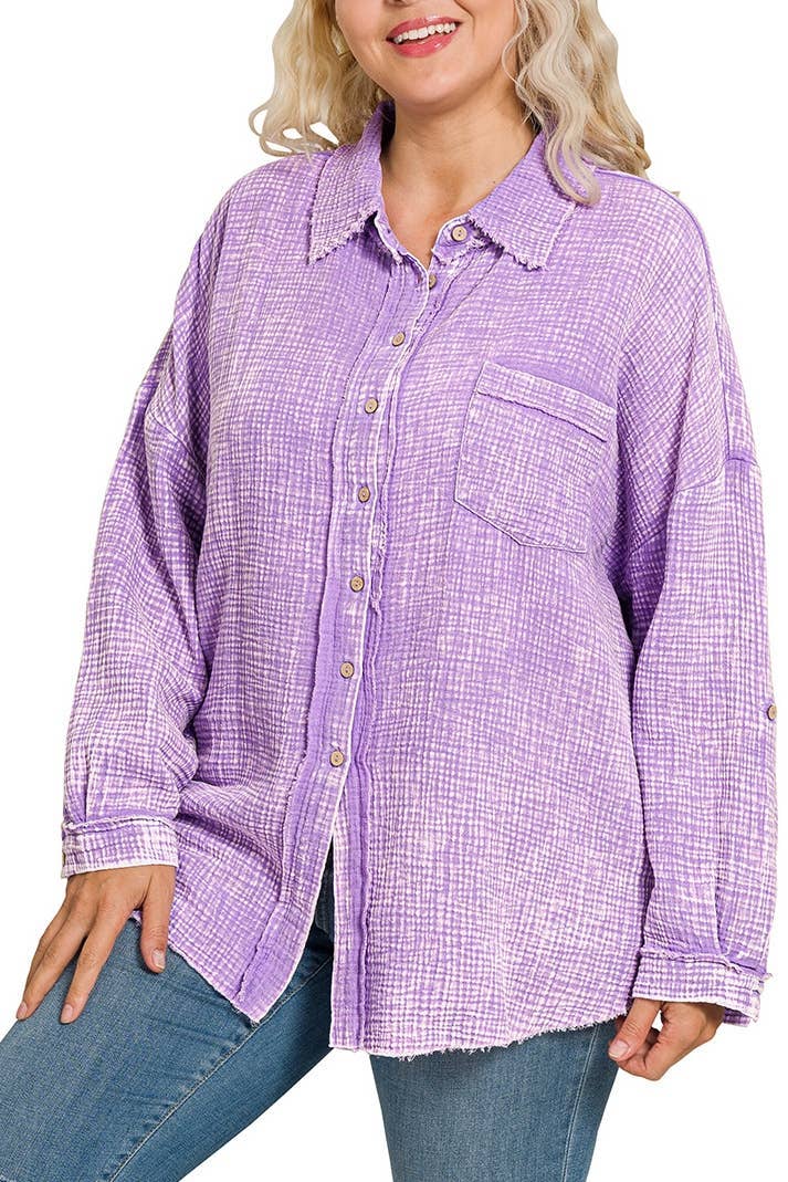 Vanilla Monkey - Venta al por mayor Camisa con botones - Mujer - Camisa con botones de doble gasa lavada Plus2