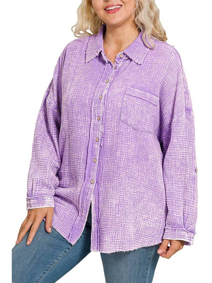 Vanilla Monkey - Venta al por mayor Camisa con botones - Mujer - Camisa con botones de doble gasa lavada Plus2