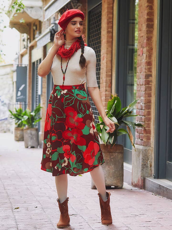 Floral Print Red Boho Midi Skirt for wholesale by BohoClandestino