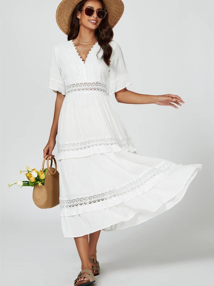 V Neck Lace Detail Midi Dress In White for wholesale on Faire3
