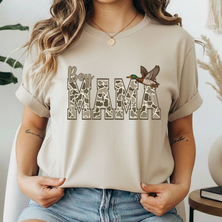 Boy Mama Graphic Tee – Camo Boy Mom Shirt with Duck – Southern Hunting Mom T-Shirt – Country Lifestyle Graphic Tee for wholesale by Pressed in Chaos