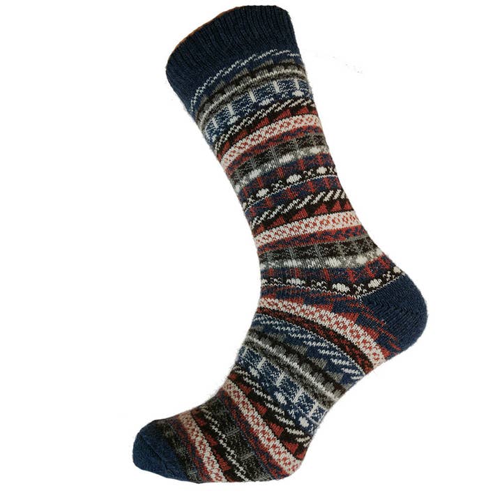 Blue, brown and orange Nordic patterned wool blend socks for wholesale by GEMJAR LTD