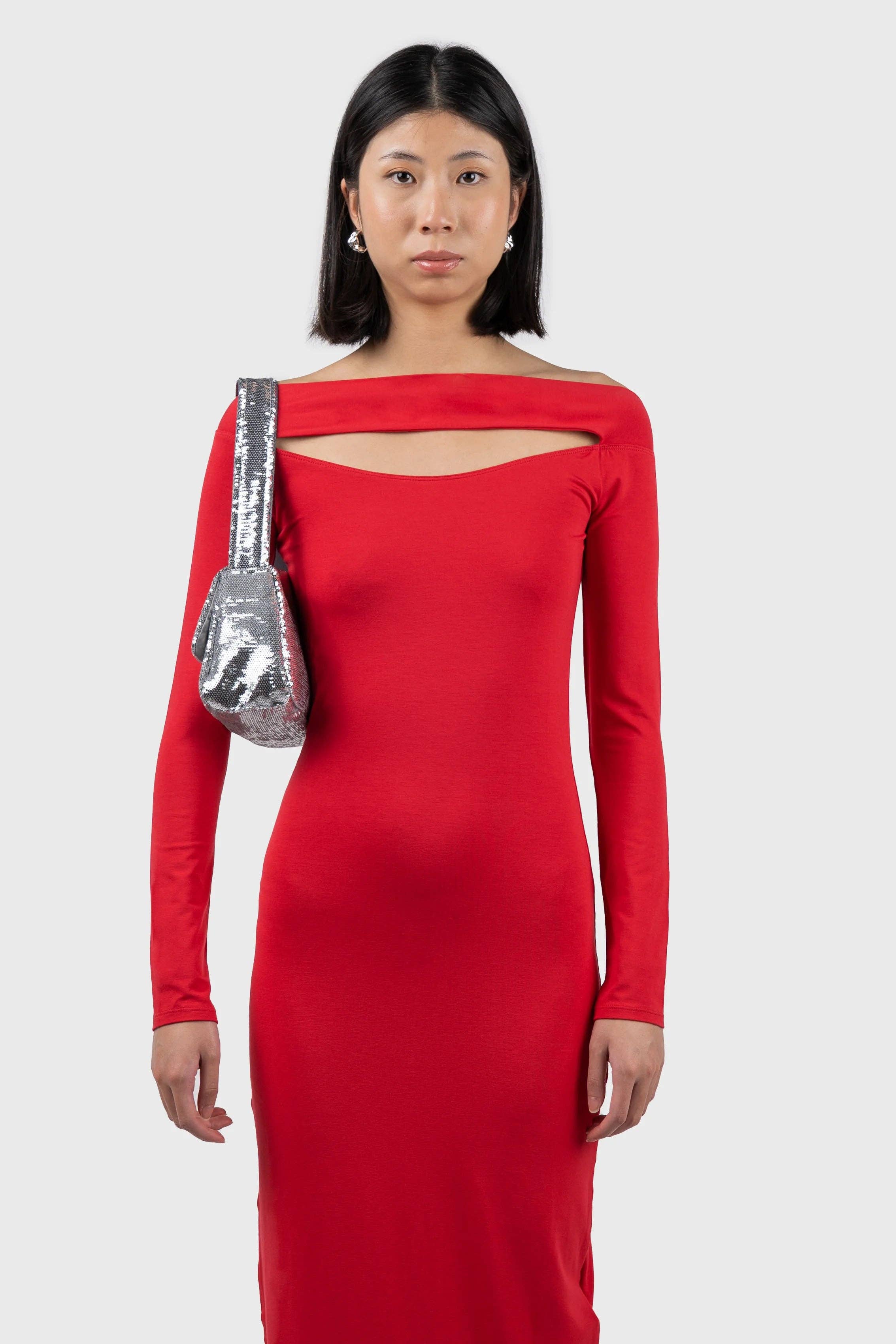 Red Cut Out Detail Long Sleeve Midi Dress for wholesale on Faire2