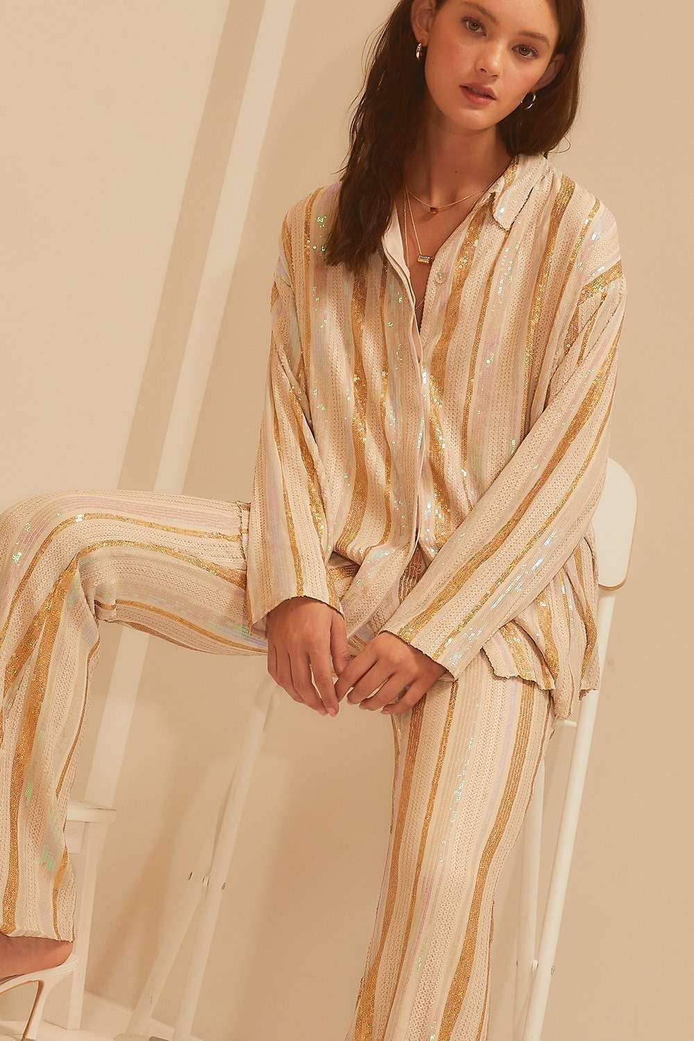 CREME MULTI Camisa Formal de Lantejoula Stripe Neutro para venda a revendedores na Faire5