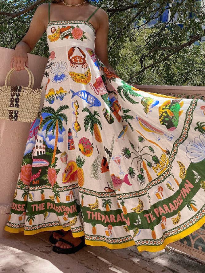 Yellow Tropical Summer Print Square Neck Maxi Slip Dress JRM053 for wholesale on Faire