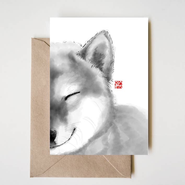 RICE&INK - Wholesale Gewone wenskaart - Glimlachende Shiba Inu Hond Wenskaart, Sumi Ink Art Happy Zen0