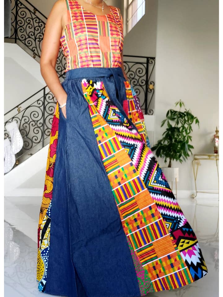 India Batik - Wholesale Pants - Women's - 702- Women Palazzo Pant - Denim/Multi Prints8