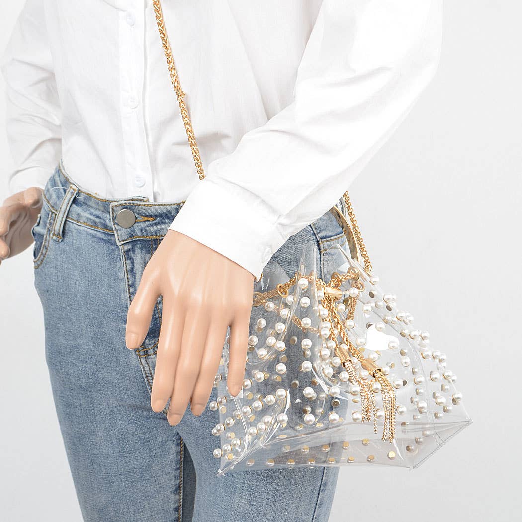 3AM BY H&D ACCESSORIES - Wholesale Crossbody Bag - Women's - Clear Pearl Stud Bucket Bag W/chain Tassle3