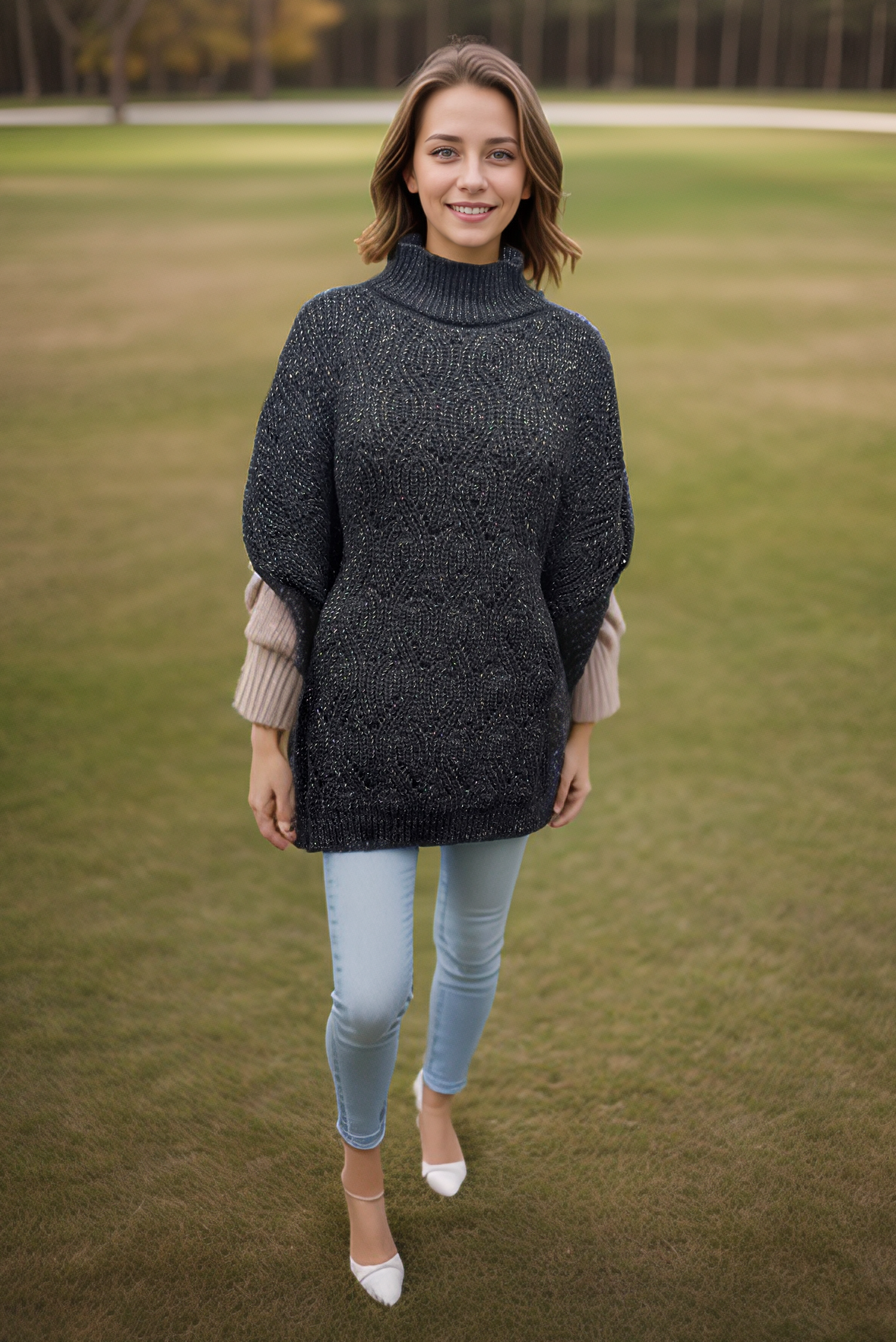 Black Ginger - Vendita all'ingrosso Poncho - Donna - Merbuk - Poncho stile maglione a collo alto - Nero scintillante2