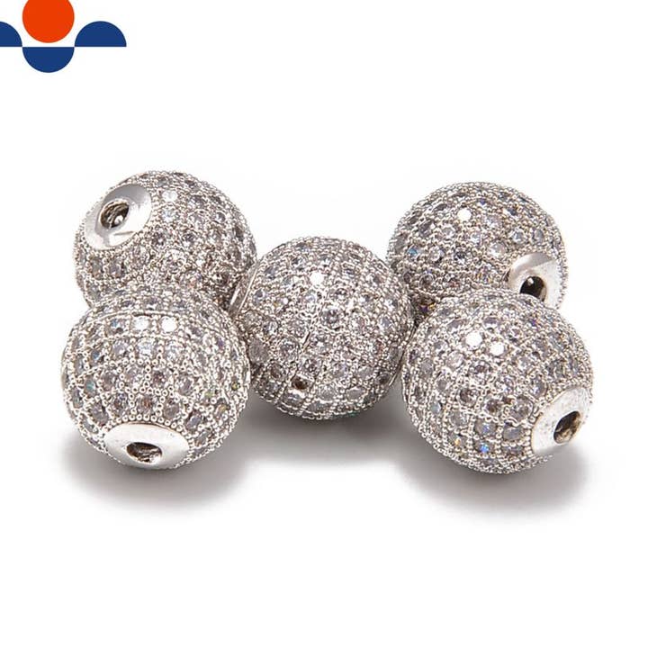 Silver Plated Micro Pave Clear Zircon Ball Size 6mm 8mm 10mm 12mm Sold per Piece for wholesale by CRCBEADS