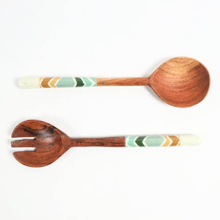 Enameled Wood Geometric Salad Servers (set of 2) for wholesale by Beloved Gourmet