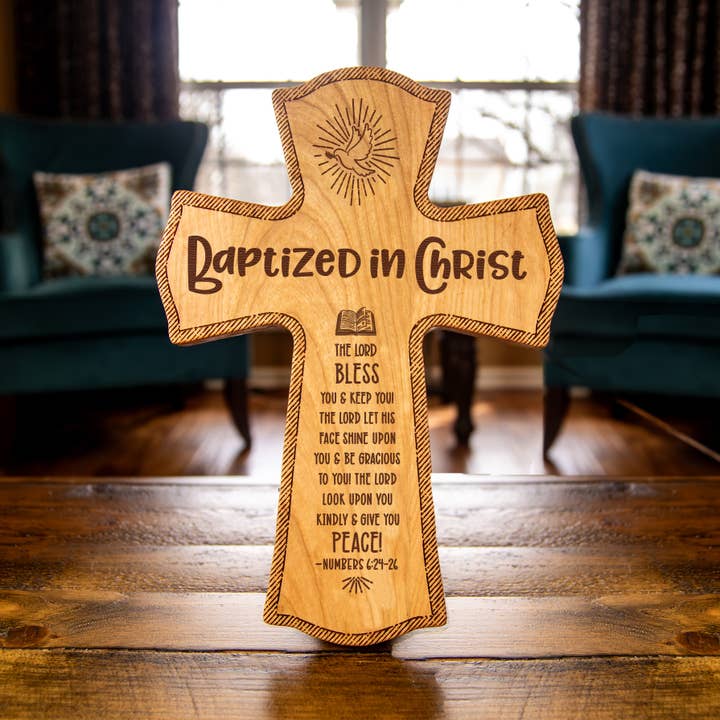 Baptized in Christ Wood Wall Cross – Baptism Keepsake for wholesale by Firefly Wishes