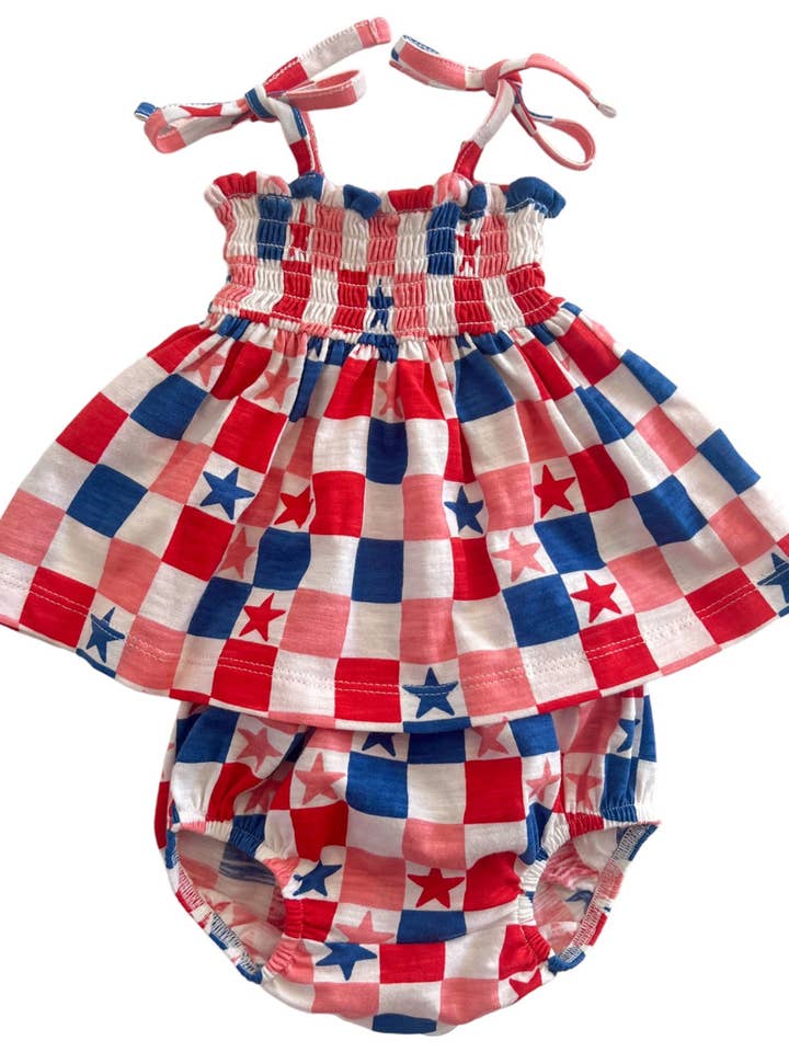 Red, White, Blue & Pink Checkerboard / Organic Smocked Set for wholesale by SIIX Collection