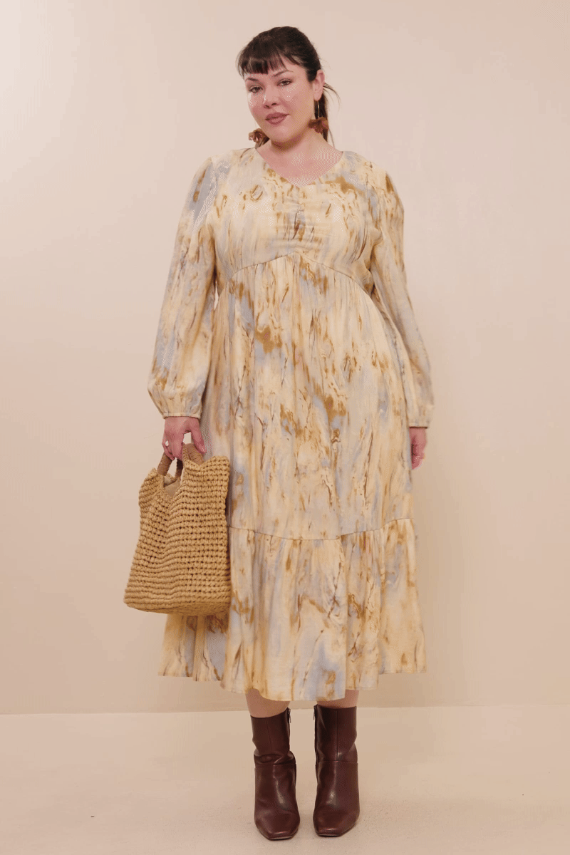 Taupe Womens Oil Print Long Sleeve Gathered Bust Dress for wholesale on Faire7