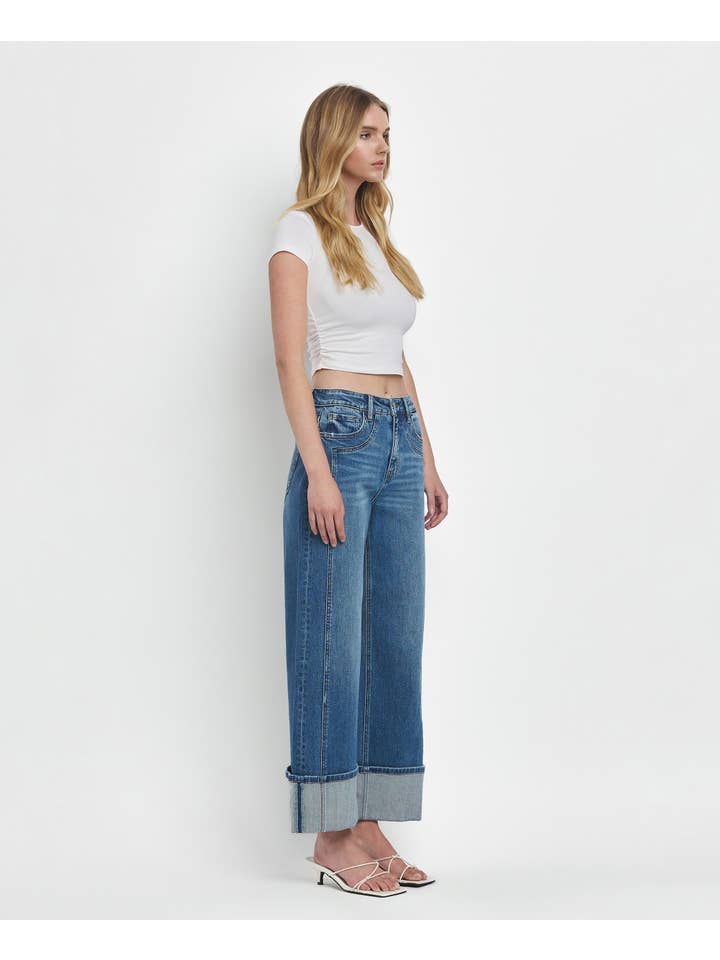 JOYSOME SUPER HIGH RISE CUFFED BAGGY WIDE JEANS F5856 for wholesale on Faire