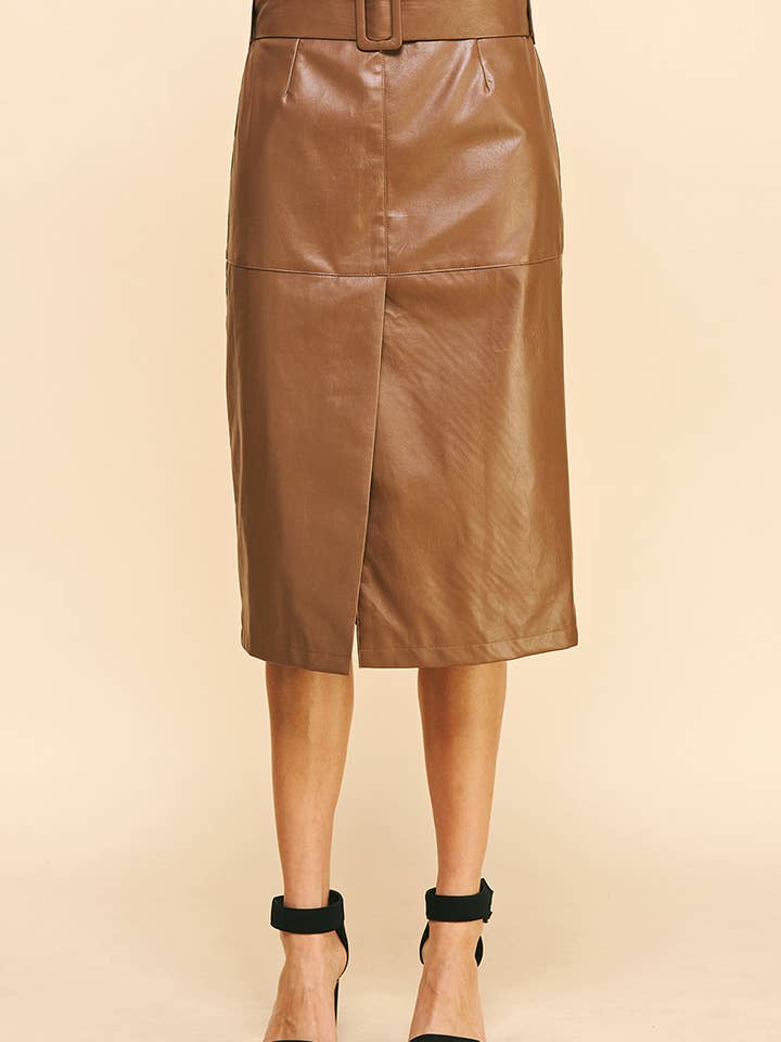 BELTED PU LEATHER MIDI SKIRT - BROWN for wholesale by PINCH