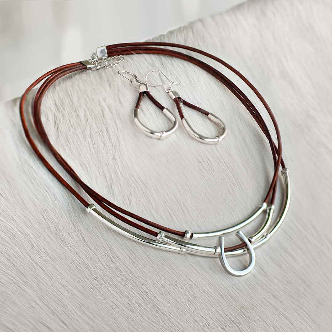 URBAN-EQUESTRIAN - Wholesale Dangle Earrings - Calista - Sterling Silver Bosal Horseshoe Earring on Brown Leather7