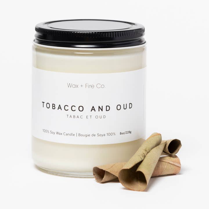 Sale! Tobacco and Oud Soy Candle - 8oz for wholesale by Wax and Fire Co.