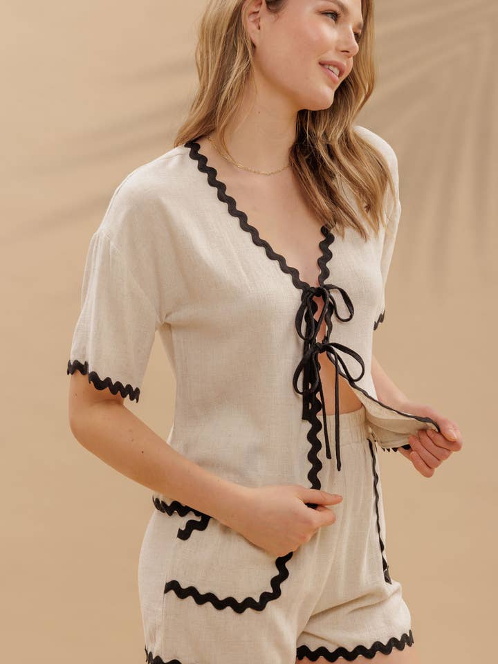 OATMEAL CONTRAST WAVY TRIM FRONT TIE TOP & LINEN SHORT SET for wholesale on Faire