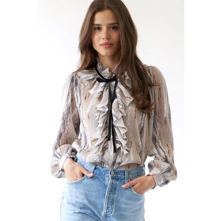 Pleated Bow Tie Long Sleeve Blouse for wholesale by IVE