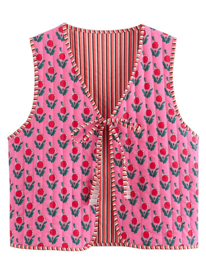 Reversible Fuchsia Floral Quilted Gilet Outwear Vest for wholesale by Rosa Clothing