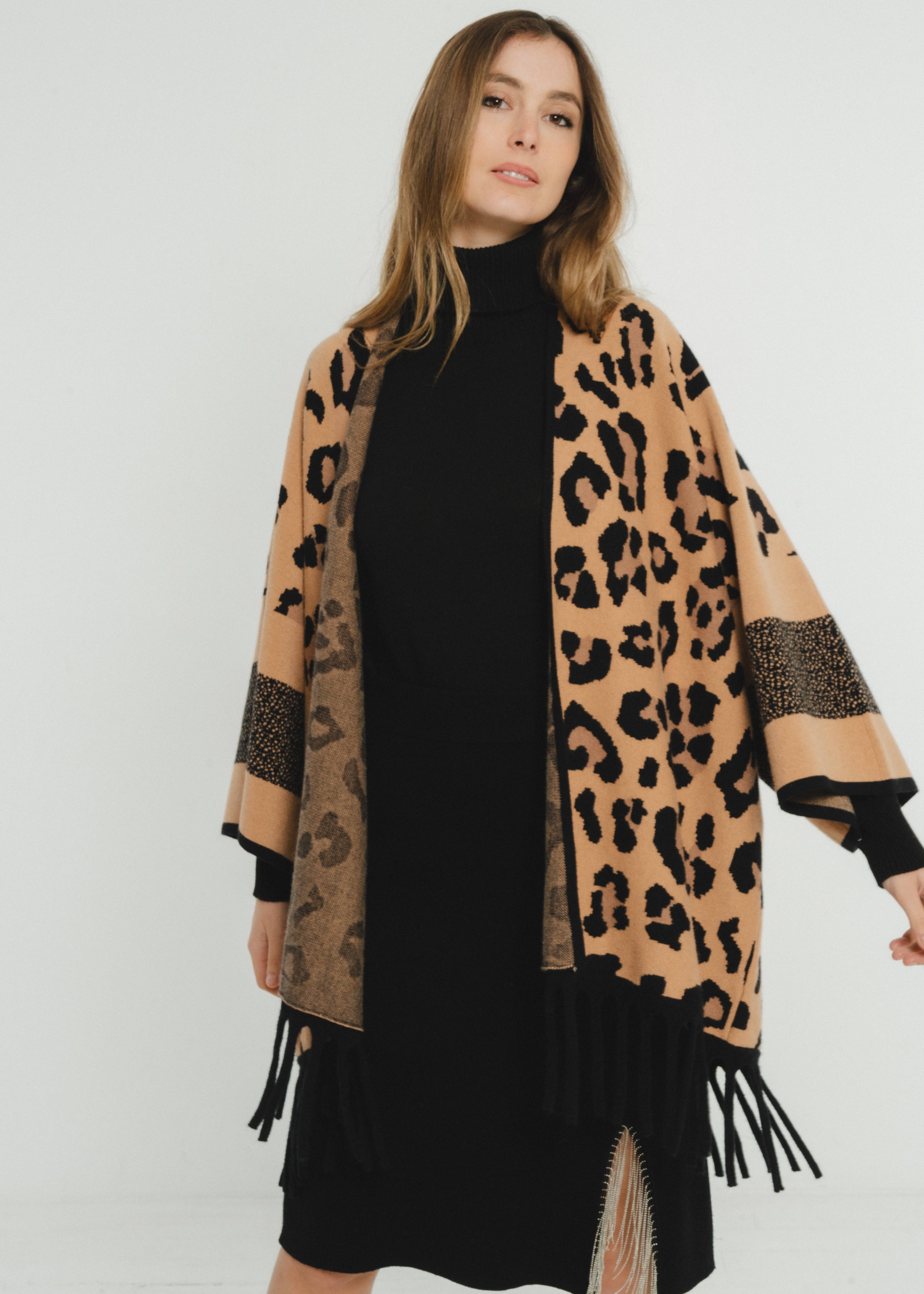 Camel Knit poncho with leopard pattern fringes for wholesale on Faire2