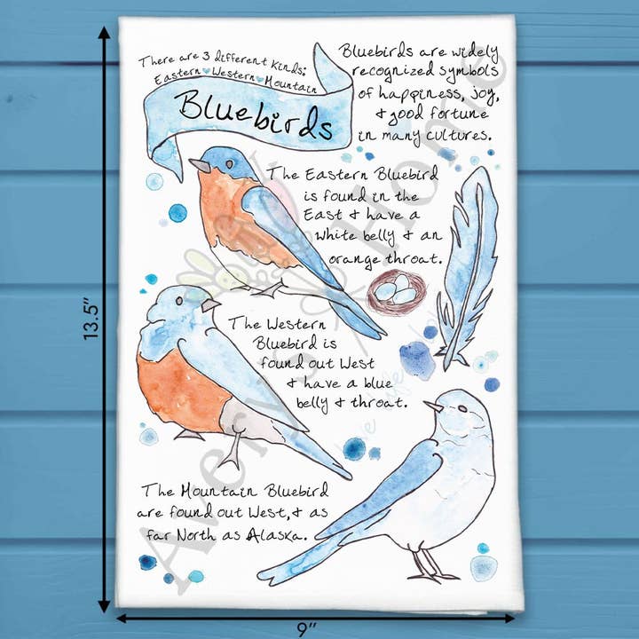 Bluebird Bird Facts Garden Kitchen Décor Tea Towel for wholesale by Avery's Home